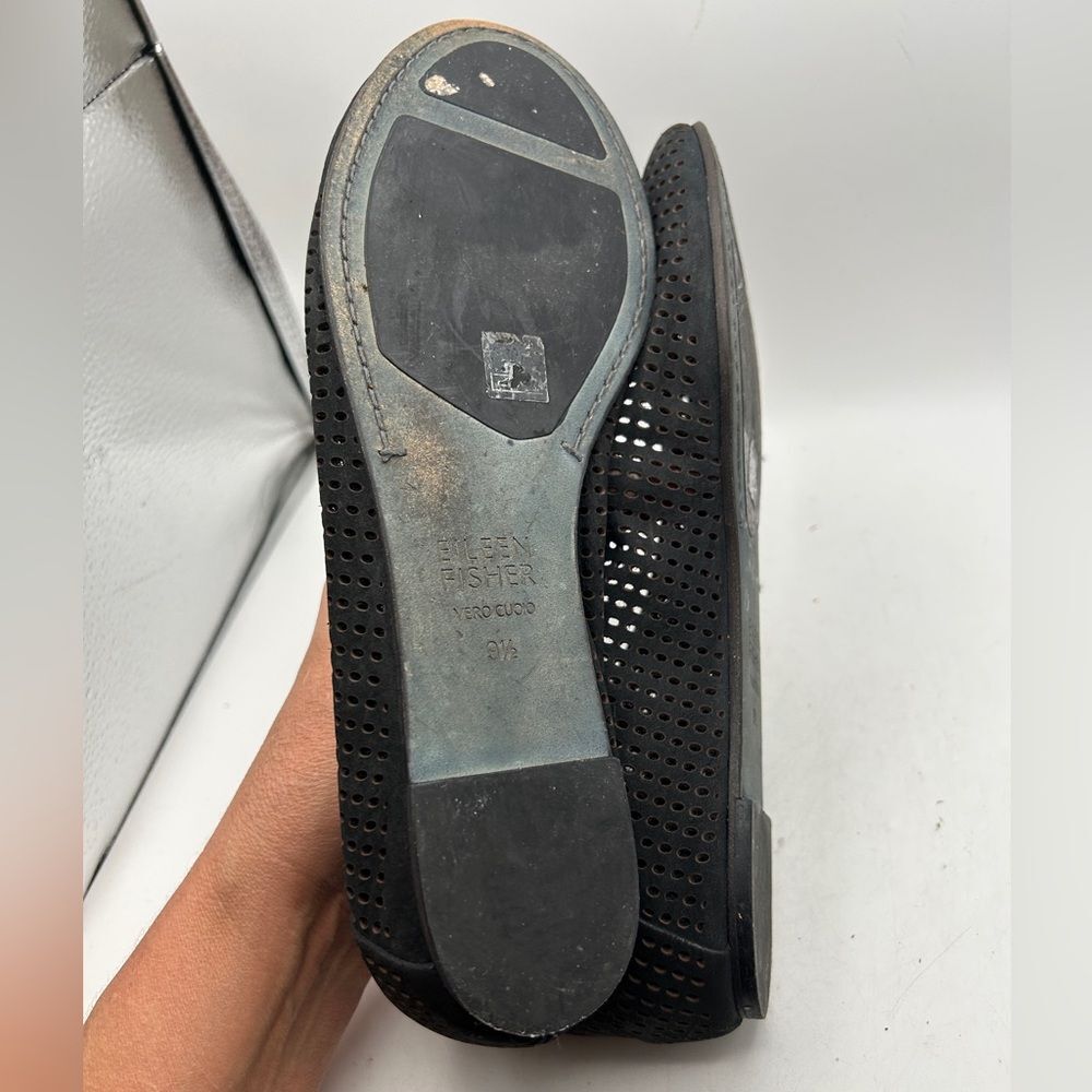 Eileen Fisher Humor Suede Ballet Flats Slip-On Black 9 1/2 perforated leather - Picture 9 of 12